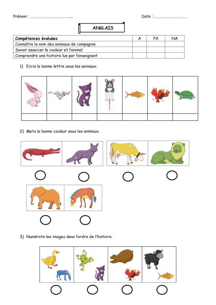 Evaluation anglais animaux CE1-CE2
